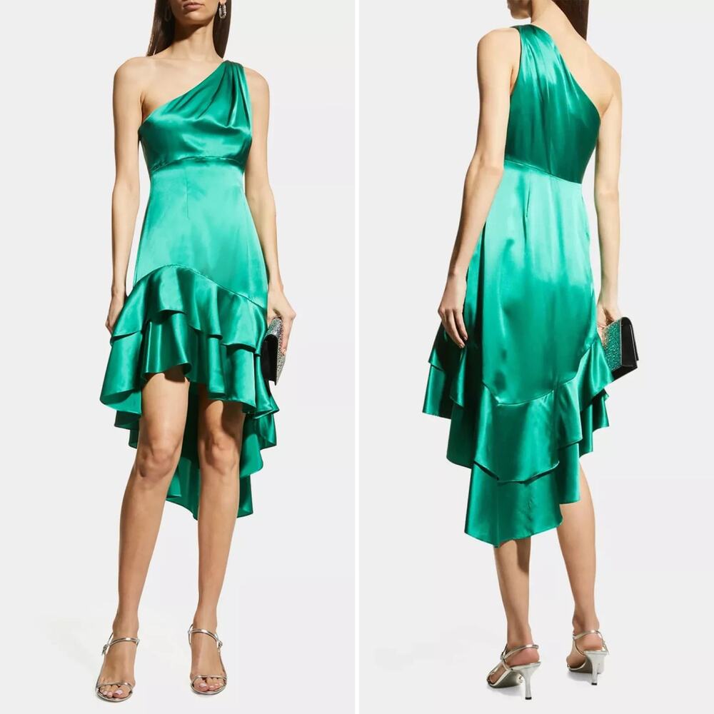 CINQ‎ A SEPT Colina Satin One Shoulder Asymmetric Ruffle Dress Green Size 2 Chic